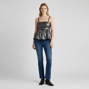 Y2K Metallic Mesh Babydoll Top Women's Size 6 Black Silver Silk Calvin Klein